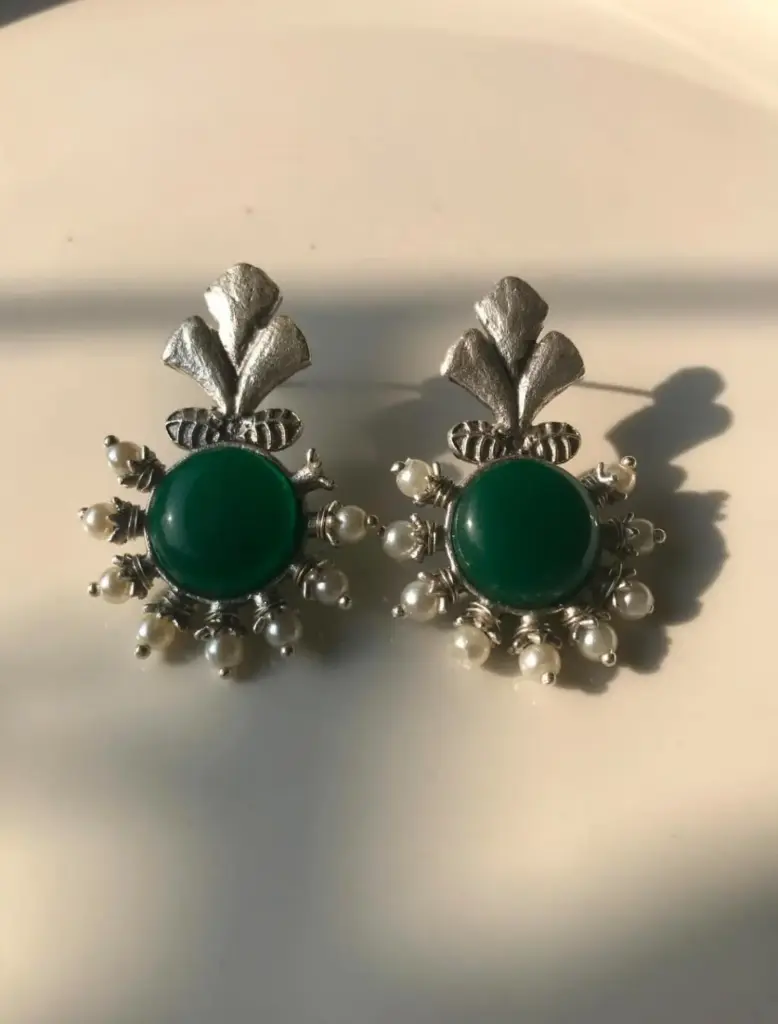 Stone with pearl Earrings_508 (Green)