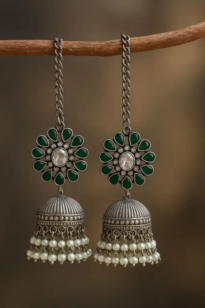 Meera Mirror Bloom Jhumkas(KH) (Green)