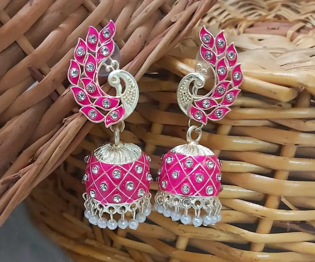 Peacock Jhumka Earrings with Gemstones(I) (Pink)