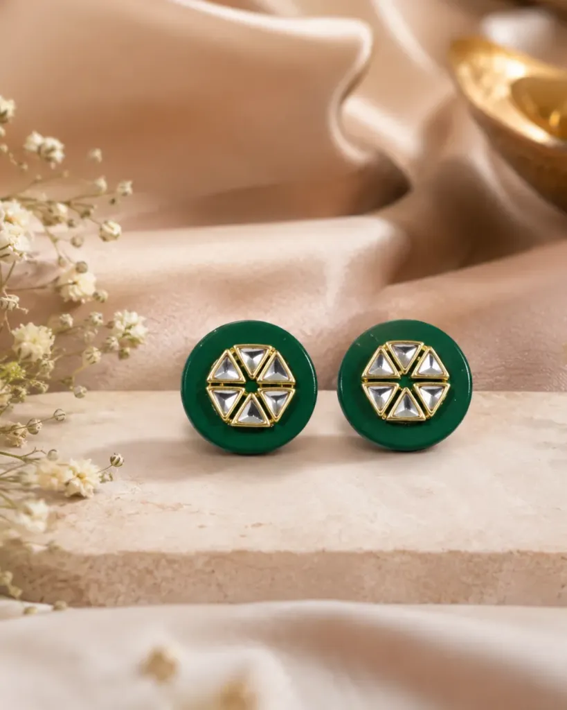 Handcrafted Floral Gemstone Stud Earrings_66 (Green)