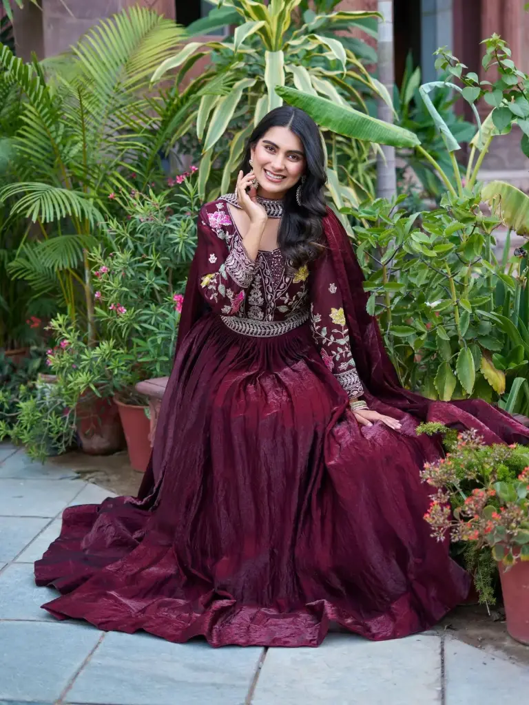  Long Gown With Duptta For Wedding_531 (Wine Red, M)