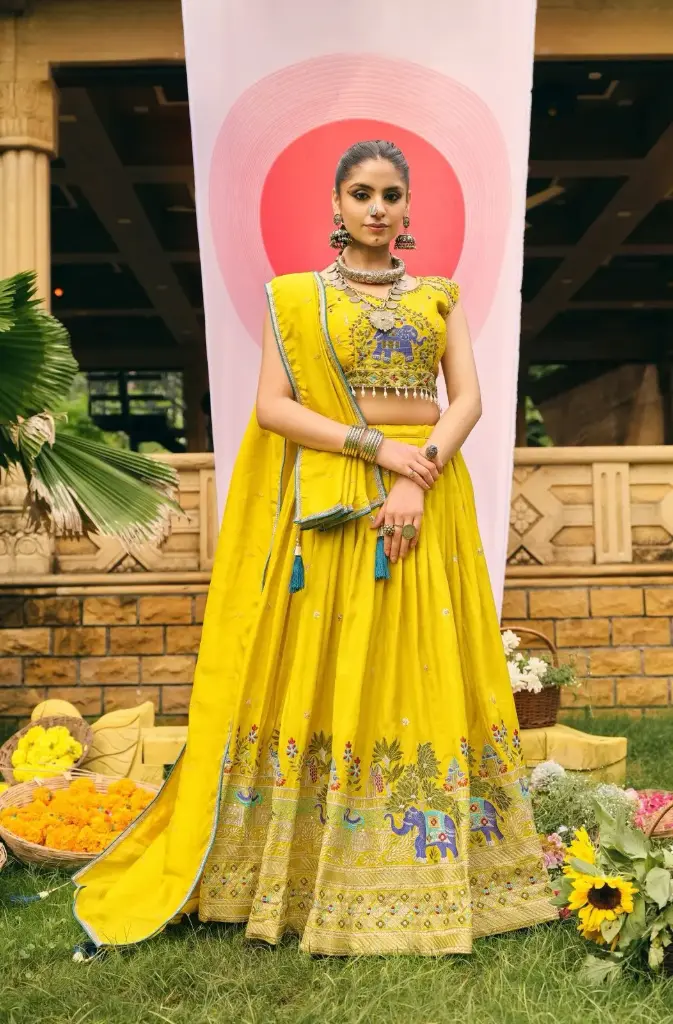 Shimmer Heavy Embroidery Work Lehenga Choli For Wedding_532 (Yellow)