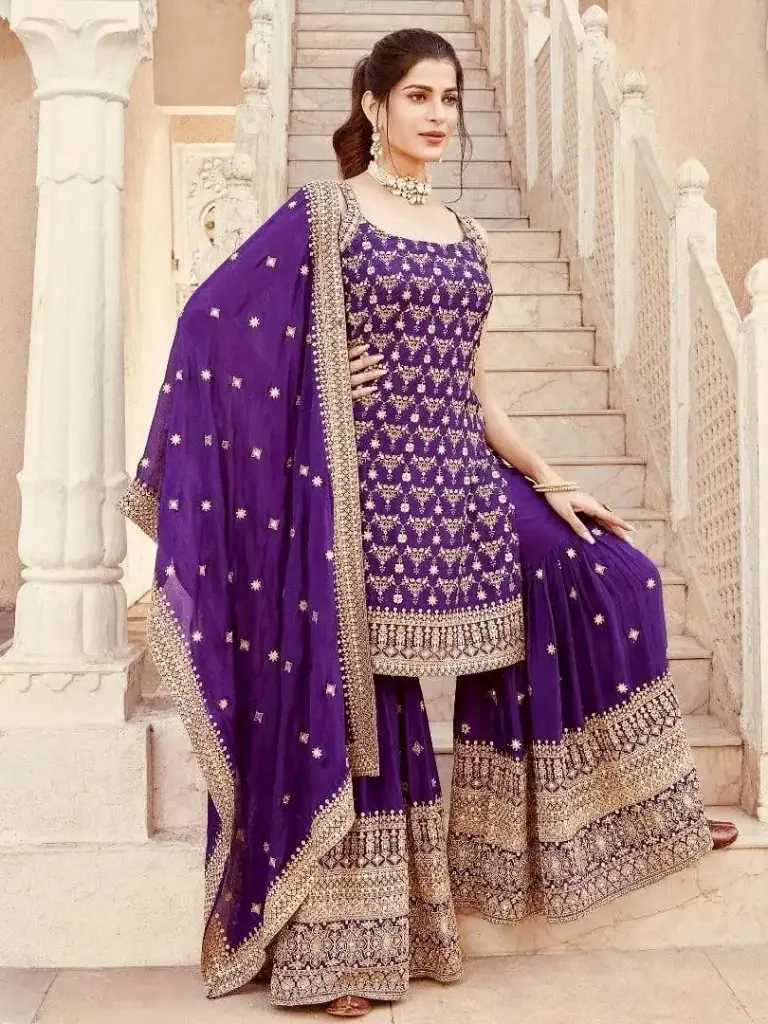 [598] Foux Gorgette Top Sharara With Dupatta Set_598