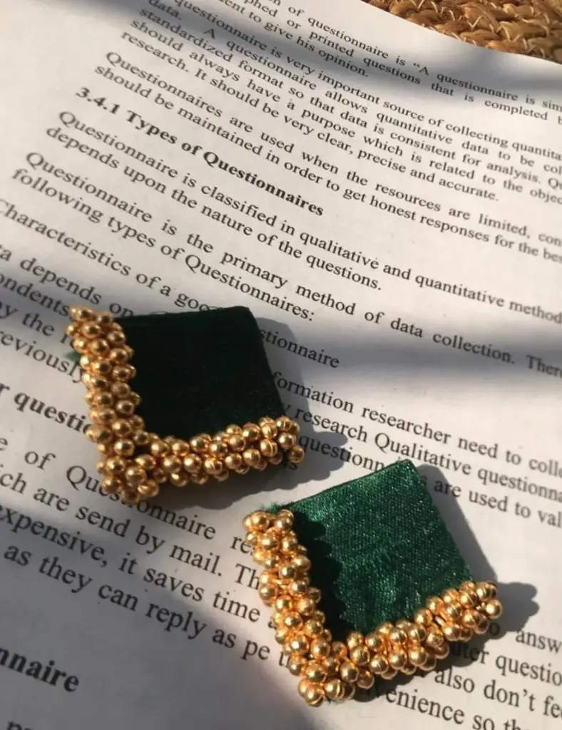 Traditional Velvet Stud Earrings with Gold Beads_118 (Green)