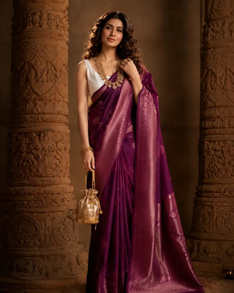[201] Regal Plum Kanjeevaram Silk Saree with Copper Zari Detailing_201