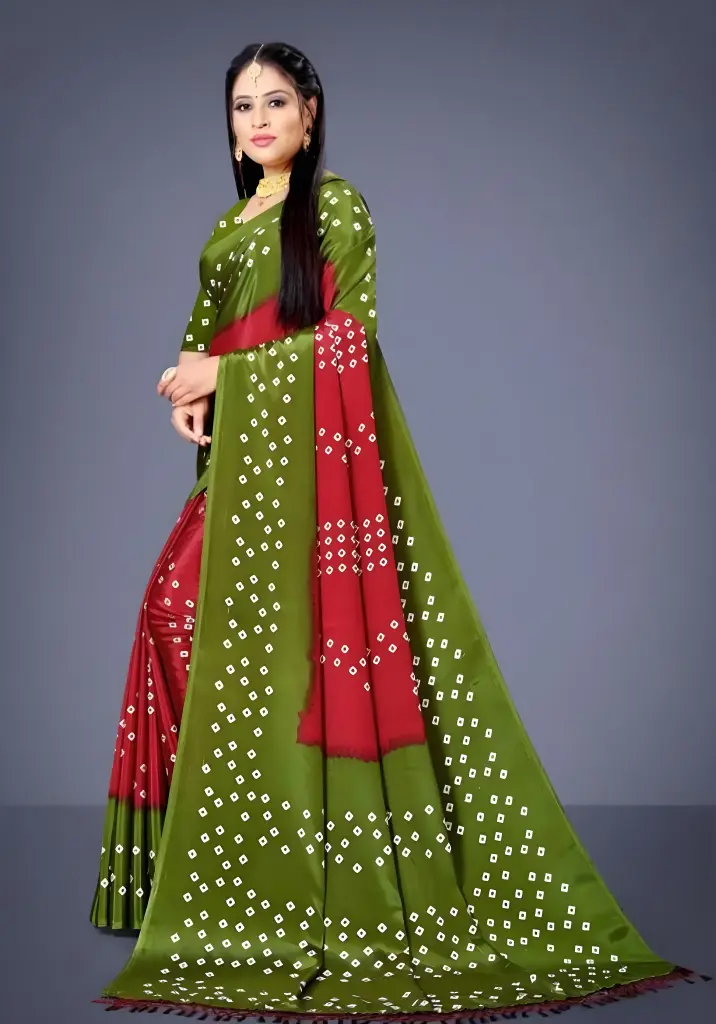 [265] Elegant Green & Red Bandhani Art Silk Saree