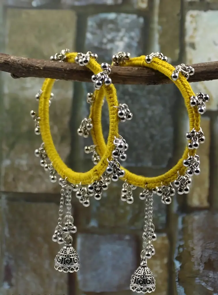 Thread Work Ghungroo Bangles (Yellow, 2.2)