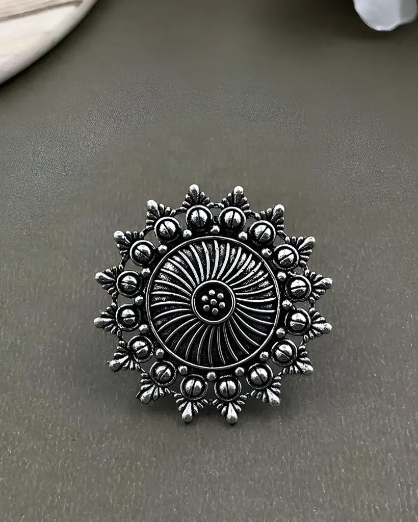 [288] Oxidised Sunburst Design Adjustable Ring
