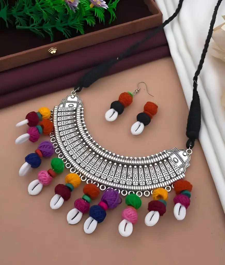 [290] Oxidised Multicolour Pom-Pom & Cowrie Shell Necklace Set