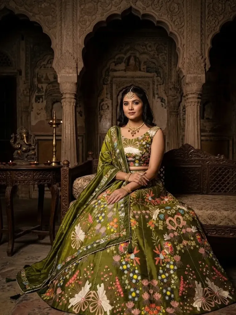 Olive Green Floral Embroidered Lehenga Choli with Dupatta_313