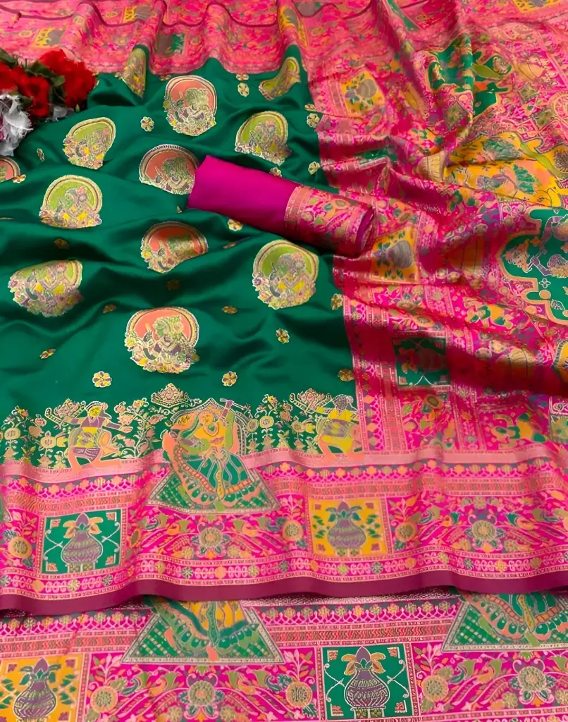 [366] Emerald and Rani Pink Paithani Silk Saree_366
